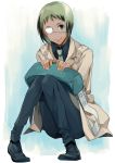  1girl androgynous bag dark_skin eyepatch green_eyes green_hair knees_together_feet_apart looking_at_viewer minami_(lida) mutsuki_tooru necktie pants short_hair sitting smile solo tokyo_ghoul tokyo_ghoul:re 