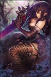 1girl bare_shoulders bat black_hair breasts chain cleavage clouds earrings elbow_gloves fishnet_legwear fishnets gloves jewelry large_breasts long_hair looking_at_viewer necklace original payot red_eyes solo sword tree venus_blade weapon wings yaoya_musuko 