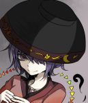  1girl bowl_hat breasts crescent_moon fingers_together grey_background hair_over_one_eye japanese_clothes kiliko-san kimono light looking_at_viewer moon purple_hair short_hair sketch smile solo sukuna_shinmyoumaru touhou upper_body violet_eyes 