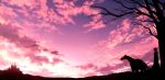  1boy castle clouds cloudy_sky grass horse light_rays mogumo original pink_sky scenery silhouette sky tree 