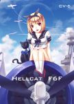  1girl airplane america black_cat blonde_hair bow cat highres kantai_collection midriff military navel original rainbow2319682 red_eyes short_hair solo uniform us_navy uss_enterprise_(cv-6) 