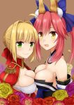  2girls ahoge animal_ears asymmetrical_docking blonde_hair breast_press breasts caster_(fate/extra) cleavage fate/extra fate_(series) fox_ears fox_tail green_eyes multiple_girls pink_hair saber_extra tail twintails yellow_eyes zeroasann 