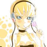  1girl blonde_hair blue_eyes breasts candy choker cleavage commentary_request eyelashes headphones kamitsure_(pokemon) lollipop looking_at_viewer pokemon pokemon_(game) pokemon_bw sapphire_satou short_hair solo swirl_lollipop tagme 