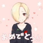  1girl bags_under_eyes blonde_hair blush brown_eyes earrings grin hair_over_one_eye happy_birthday hoodie idolmaster idolmaster_cinderella_girls jewelry looking_at_viewer makabe_gorou pink_background shirasaka_koume short_hair sleeves_past_wrists smile solo 