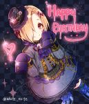  1girl blonde_hair blue_legwear blush dress eyeball hair_ornament hair_over_one_eye hairclip happy_birthday hat idolmaster idolmaster_cinderella_girls looking_at_viewer mini_top_hat red_eyes serino_itsuki shirasaka_koume short_hair skirt skull sleeves_past_wrists smile solo thigh-highs top_hat 