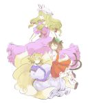  3girls animal_ears ankle_cuffs black_shoes blonde_hair brown_hair cat_ears chen choker closed_eyes dress fox_ears fox_tail green_hat hands_together happy hat hat_ribbon jumping long_hair long_sleeves looking_at_viewer looking_back mob_cap multiple_girls multiple_tails no_earrings no_hat open_mouth puffy_long_sleeves puffy_sleeves purple_dress red_skirt ribbon short_hair short_sleeves simple_background sketch skirt smile tabard tail tamaki_hakobe touhou two_tails vest violet_eyes white_background white_dress wide_sleeves yakumo_ran yakumo_yukari 