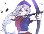  1girl arrow blurry bow_(weapon) braid colored cross dress g.t grey_eyes hat large_breasts long_hair nurse_cap outstretched_arm puffy_sleeves sash short_sleeves silver_hair simple_background single_braid sketch solo touhou very_long_hair weapon white_background yagokoro_eirin 
