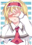  1girl alice_margatroid ascot blonde_hair blush capelet commentary covering_eyes hairband hammer_(sunset_beach) open_mouth short_hair solo striped striped_background touhou upper_body 