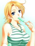  1girl bare_shoulders blonde_hair blue_eyes breasts dessert food food_in_mouth hair_ornament kaga_akari kimi_no_iru_machi large_breasts looking_at_viewer official_art popsicle seo_kouji short_hair simple_background solo striped striped_tank_top 