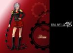  1girl bike_shorts black_boots blue_eyes boots breasts character_name final_fantasy final_fantasy_type-0 hand_on_hip knee_boots looking_at_viewer school_uniform seven_(fft-0) short_hair silver_hair skirt solo weapon whip 