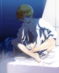  1boy blonde_hair blue_eyes chin_rest dress_shirt glasses gunslinger_stratos highres indian_style jonathan_sizemore looking_at_viewer nude on_bed open_clothes open_shirt raised_eyebrow shirt short_hair sitting solo 