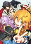  3boys animal_on_shoulder black_hair green_eyes hachisuka_kotetsu hair_over_one_eye japanese_clothes kamekichi long_hair looking_at_viewer male_focus multiple_boys nagasone_kotetsu open_mouth orange_hair purple_hair touken_ranbu turtle urashima_kotetsu v yan&#039;yo_(yan&#039;yan&#039;yo) 