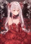  1girl bare_shoulders breasts cleavage dress dsmile elbow_gloves gloves hair_ornament long_hair original petals red_dress red_eyes red_gloves rose_petals silver_hair sitting solo strapless_dress twintails very_long_hair 