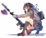  1girl assault_rifle bag black_hair box daito earmuffs gift gift_box grenade grenade_launcher gun heart-shaped_box howa_type_89 kneehighs kneeling loafers original rifle scarf shoes simple_background skirt solo weapon white_background 