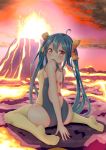  ass blue_hair bow clouds cloudy_sky cyndaquil fuzuki_ichigo highres long_hair one-piece_swimsuit personification pokemon pokemon_(game) red_eyes sky swimsuit volcano yellow_legwear 