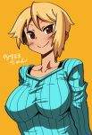  1girl blonde_hair borrowed_character breasts brown_eyes collarbone impossible_clothes impossible_sweater large_breasts matsuda_yuusuke orange_background original ribbed_sweater short_hair smile solo sweater tsurime tsurime-chan 