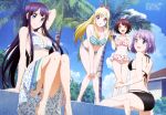  4girls :d :o absurdres aida_makoto_(anime_artist) aqua_bikini arm_support ass asuka_mikoto back bangs barefoot bent_over bikini bikini_skirt black_bikini blonde_hair blue_eyes blue_hair blush braid breasts building cleavage clouds day female french_braid frilled_bikini frills front-tie_bikini front-tie_top hair_ornament hair_ribbon hairband hairclip hands_on_knees high_ponytail highres itou_miyabi knees_together_feet_apart large_breasts leg_lift light_smile long_hair looking_at_viewer looking_back megami multiple_girls odagiri_nene official_art open_mouth orange_eyes outdoors palm_tree payot polka_dot ponytail poolside print_bikini purple_hair red_eyes redhead ribbon sarong scan shiraishi_urara short_hair side-tie_bikini sideboob sitting sky small_breasts smile soles standing striped striped_bikini striped_swimsuit swept_bangs swimsuit thigh_gap tree v_arms very_long_hair violet_eyes wet white_bikini white_swimsuit yamada-kun_to_7-nin_no_majo 