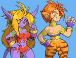  2girls animal_ears armlet ass bare_shoulders blonde_hair breasts breath_of_fire breath_of_fire_ii cat_ears cat_tail collar demon_girl demon_tail facial_mark fang fingernails gauntlets jewelry leotard long_fingernails long_hair monster_girl multiple_girls necklace purple_skin red_eyes redhead rinpoo_chuan shenanimation short_hair tail yellow_eyes 