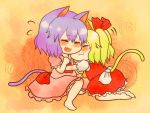  2girls :3 animal_ears barefoot blonde_hair blue_hair cat_ears cat_tail closed_eyes closed_mouth fang flandre_scarlet hair_ribbon kemonomimi_mode multiple_girls open_mouth red_ribbon remilia_scarlet ribbon short_hair short_sleeves shuiro tail touhou 
