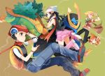  1girl 2boys adjusting_hair backpack bag beanie black_hair blonde_hair boots bracelet chimchar empoleon green_scarf grotle hair_ornament hairclip hat hikari_(pokemon) huan_li jewelry jun_(pokemon) kouki_(pokemon) miniskirt multiple_boys pink_skirt poke_ball pokemon pokemon_(creature) pokemon_(game) pokemon_dppt poketch red_scarf scarf shirt short_sleeves shoulder_bag skirt sleeveless striped striped_shirt watch 