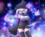  1girl black_legwear butterfly chandelure detached_sleeves hat highres personification pokemon red_eyes shiratsuki white_hair witch_hat 