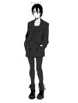  1boy boots double-breasted full_body hands_in_pockets jacket leggings looking_at_viewer male_focus mikazuki_munechika monochrome short_hair simple_background solo standing touken_ranbu white_background zuwai_kani 