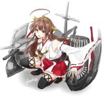  1girl aoi_rin_(miya1102) bare_shoulders boots brown_eyes brown_hair dazzle_paint detached_sleeves frilled_skirt frills hairband haruna_(kantai_collection) haruna_(kantai_collection)_(cosplay) headgear highres kantai_collection kuma_(kantai_collection) long_hair nontraditional_miko pleated_skirt red_skirt ribbon-trimmed_sleeves ribbon_trim signature simple_background skirt solo squatting thigh-highs thigh_boots white_background wide_sleeves 