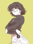  1girl black-framed_glasses black_eyes black_hair cross cross_necklace glasses green_background hunter_x_hunter jewelry kunikichi long_sleeves navel necklace shizuku_(hunter_x_hunter) short_hair simple_background solo spider sweater tattoo turtleneck undressing 