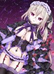  1girl blonde_hair breasts chico152 corset cross dress fangs garter_straps highres long_hair original side_ponytail solo thigh-highs violet_eyes 