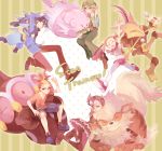  2boys 3girls alakazam arcanine baku_(pokemon) black_hair black_legwear blissey bow braid claydol gen_(pokemon) gothic_lolita green_hair hair_bow hair_rings hat huan_li lolita_fashion lucario mai_(pokemon) miru_(pokemon) momi_(pokemon) multicolored_hair multiple_boys multiple_girls pantyhose pink_hair pokemon pokemon_(creature) pokemon_(game) pokemon_dppt short_hair striped striped_background two-tone_hair 