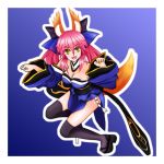  1girl animal_ears bare_shoulders black_legwear breasts caster_(fate/extra) cleavage detached_sleeves fate/extra fate_(series) fox_ears fox_tail hair_ribbon highres japanese_clothes looking_at_viewer open_mouth pink_hair ribbon sandals solo tail thigh-highs twintails yellow_eyes 