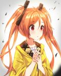  1girl aihara_enju black_bullet ginon_(sjyh3466) hair_ornament hands_on_own_chest hands_together highres hood_down hooded_jacket orange_hair red_eyes twintails upper_body 