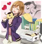  1girl ? ^_^ ^o^ artist_name blush brown_hair cat closed_eyes desk doonyatsu doonyatsu_(character) doughnut drooling envelope heart highres holding_food long_sleeves miyamori_aoi retorillo roro_(shirobako) shirobako short_hair skirt smile tape 