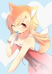  1girl akane_(naomi) animal_ears blonde_hair blue_background bracelet candy cropped dress fox_ears fox_tail heart heart_background jewelry licking long_hair looking_at_viewer naomi_(sekai_no_hate_no_kissaten) one_eye_closed original pink_eyes solo tail tongue tongue_out 
