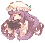  1girl book bow crescent hair_bow hat kikugetsu long_hair patchouli_knowledge purple_hair ribbon solo touhou violet_eyes 