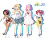  4girls :o ;d ahoge apple bag bare_shoulders black_hair blonde_hair blue_eyes bow_(weapon) brown_eyes brown_hair choker collarbone dress finger_gun flower food frilled_dress frills fruit funia_(koto_channel) grin hair_flower hair_ornament hand_on_hip hand_on_own_chest holding jewelry koto_channel kotoha_(koto_channel) leaning_forward long_hair looking_at_viewer midriff mihama_kosumi multiple_girls navel necklace off_shoulder official_art one_eye_closed open_mouth pants pants_rolled_up pink_hair rito_(koto_channel) sandals scrunchie see-through senji_(tegone_spike) short_hair shorts side_ponytail sleeveless smile tail tan tank_top telescope watch weapon white_background 