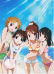  4girls absurdres beach bikini black_hair brown_eyes brown_hair flower hair_flower hair_ornament hanawa_kaoru heart highres iizuka_haruko long_hair looking_at_viewer multiple_girls navel ocean okazaki_norie polka_dot polka_dot_bikini polka_dot_swimsuit ponytail sakurada_maon sawatari_fuu short_hair short_shorts shorts side-tie_bikini smile starfish striped striped_bikini striped_swimsuit sunlight swimsuit tamayura twintails 