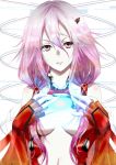  1girl bare_shoulders breasts center_opening cleavage detached_sleeves elbow_gloves fingerless_gloves gloves guilty_crown hair_ornament hairclip hands_on_own_chest long_hair looking_at_viewer navel open_mouth pink_hair red_eyes solo twintails yuzuriha_inori 