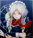  1girl analog_clock artist_name blue_eyes braid clock izayoi_sakuya jonasan_(bad-t) knife maid maid_headdress marker_(medium) millipen_(medium) roman_numerals scarf short_hair silver_hair smile solo touhou traditional_media twin_braids 