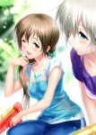  2girls anastasia_(idolmaster) blue_eyes brown_eyes brown_hair idolmaster idolmaster_cinderella_girls long_hair multiple_girls nitta_minami ponytail short_hair silver_hair smile water_gun wet wet_clothes zen 