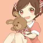  1girl blush brown_eyes brown_hair cotoco_(kuuuman) gingham open_mouth original short_twintails sitting solo stuffed_animal stuffed_bunny stuffed_toy twintails 