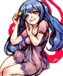  1girl artist_name bloomers blue_eyes blue_hair breasts candy cleavage grin heart heterochromia highres lollipop long_hair pajamas punily red_eyes short_sleeves smile solo tokyo_ghoul tokyo_ghoul:re twintails underwear v yonebayashi_saiko 