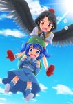  2girls :d backpack bag bird_wings black_hair black_ribbon blouse blue_boots blue_eyes blue_hair blue_sky boots clouds cloudy_sky dress_shirt frilled_shirt_collar frilled_skirt frills from_below geta hair_bobbles hair_ornament hat highres kawashiro_nitori kk-sk-ray light_rays long_sleeves looking_at_viewer multiple_girls open_mouth pocket puffy_short_sleeves puffy_sleeves red_eyes ribbon rubber_boots shameimaru_aya shirt short_hair short_sleeves skirt skirt_set sky smile sunbeam sunlight tengu-geta tokin_hat touhou twintails white_shirt wings 