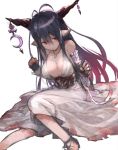 1girl antenna_hair bandages black_gloves black_hair breasts cleavage danua dress fingerless_gloves gloves granblue_fantasy hair_between_eyes horn_ornament horns jewelry large_breasts long_hair looking_at_viewer necklace pointy_ears red_eyes shirabi_(life-is-free) simple_background solo white_dress 