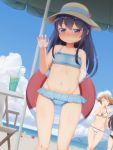  3girls akatsuki_(kantai_collection) beach beach_umbrella bikini black_eyes black_hair blush bucket drinking_glass drinking_straw hat highres ice kantai_collection lifebuoy looking_at_viewer multiple_girls mutsu_(kantai_collection) polka_dot polka_dot_swimsuit sand_castle sand_sculpture shovel sun_hat swimsuit tachimi_(basue) worktool 