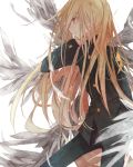  1boy afuro_terumi blonde_hair feathered_wings inazuma_eleven inazuma_eleven_(series) long_hair phoenix0 red_eyes simple_background solo very_long_hair white_background wings 
