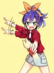  1girl :d blue_hair bow bracelet green_eyes hair_bow happy jacket jewelry open_mouth pointing ponytail serena_(yuu-gi-ou_arc-v) smile solo_focus tere wrist_grab wristband yuu-gi-ou yuu-gi-ou_arc-v 