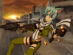  1girl absurdres animal_ears blue_eyes blue_hair bullet bullet_trail cat_ears female gloves gun handgun highres rifle scarf shinon_(sao) shorts solo sword_art_online weapon 