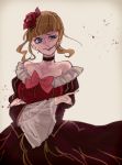  1girl bangs bare_shoulders beatrice blonde_hair blood blue_eyes blunt_bangs breasts chiyo_(min0yoko) choker cleavage crossed_arms dress flower hair_flower hair_ornament highres long_sleeves off_shoulder ribbon short_hair solo umineko_no_naku_koro_ni 