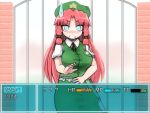  1girl blue_eyes braid chinese_clothes clenched_teeth commentary_request fake_screenshot gameplay_mechanics gate hat hong_meiling long_hair looking_at_viewer puffy_short_sleeves puffy_sleeves redhead shirosato shirt short_sleeves solo star sweatdrop touhou translated twin_braids very_long_hair 